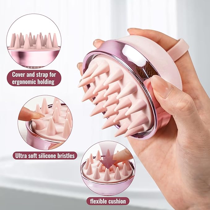 2 in 1 Scalp Massager Hair Growth,Scalp Scrubber with Soft Silicone Bristles for Dandruff Removal,Shampoo Brush for Exfoliation,Head Massager for Both Wet and Dry Use (Pink)