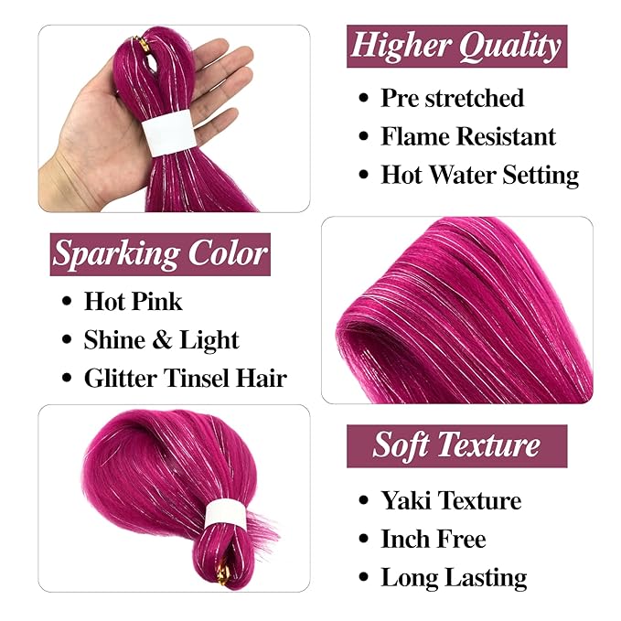 Tinsel Kids Braiding Hair Pre stretched Magenta Pink Braiding Hair for Glitter Braids Festival Braids Cosplay