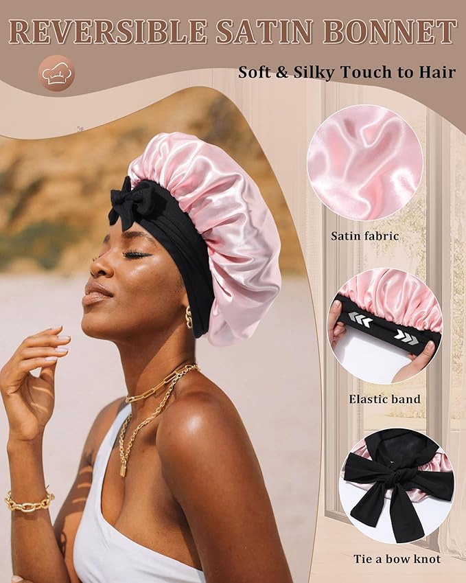 Reversible Satin Bonnet for Sleeping Women Double Layer Hair Bonnet with 2PCS Hair Scrunchies Elastic Tie Band Night Cap