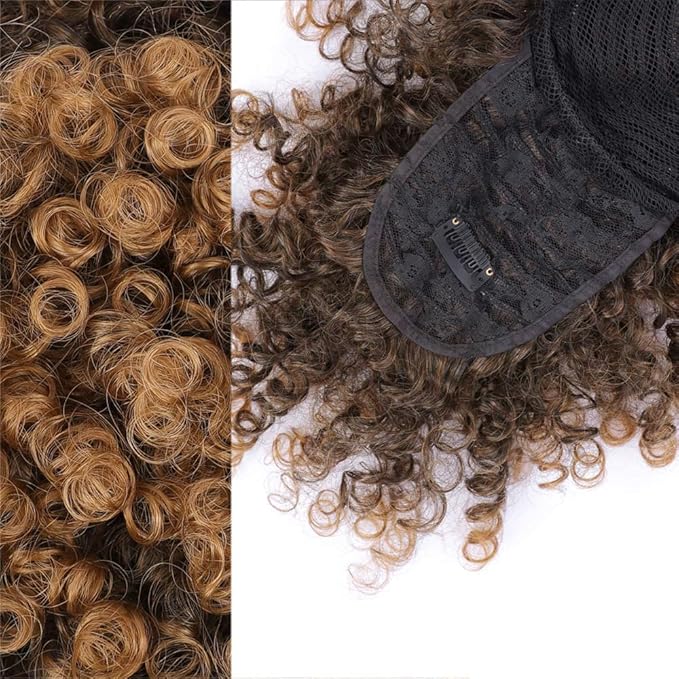 ENTRANCED STYLES Drawstring Ponytail with Bangs Afro Puff Ponytail Extensions for Women Short Curly Puff Ponytail with Bangs Clip in Wrap Updo Hairpiece for Women(#T30)