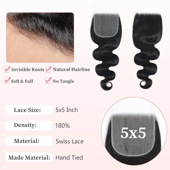 12A Human Hair Bundles with Closure 24 26 28+22 Inch Body Wave Bundles 5X5 HD Lace Closure Human Hair 100% Brazilian Virgin Hair Extensions 3 Bundle Deals Hair Quick Weave Bundle for Women