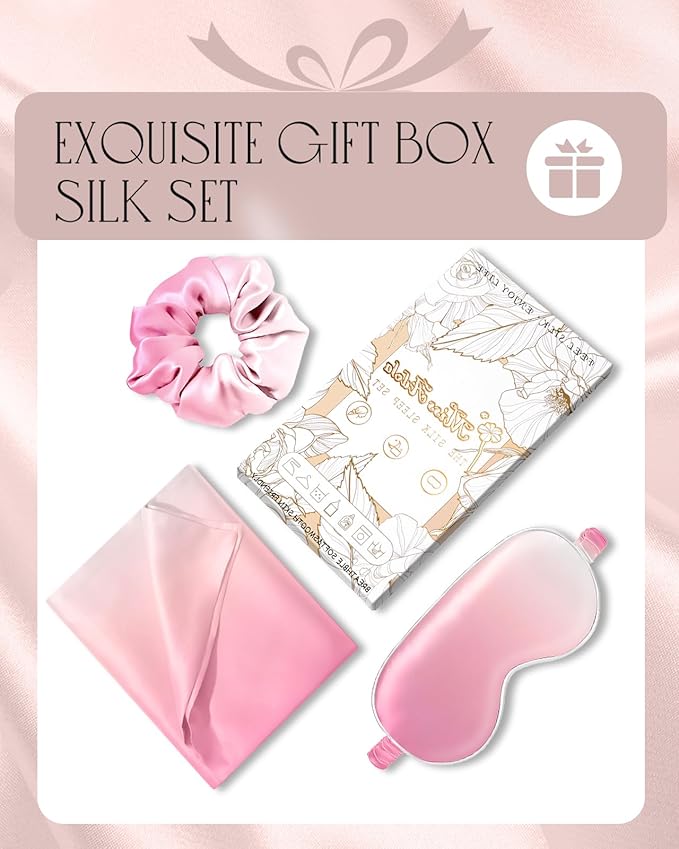 Mulberry Silk Pillow Case for Hair and Skin 19 Momme Standard 26"x20" Pk White Gradient Silk Pillowcase with Eye Mask & Scrunchie Soft Silk Pillowcase Sleeping for Moms, Women