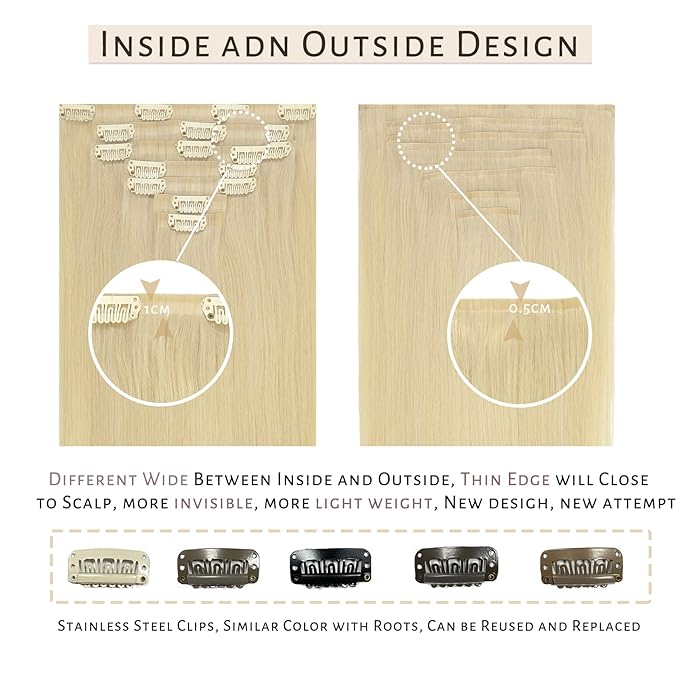 Caliee Platinum Blonde Clip-in Hair Extensions 60A 22Inch 110G Full Head Seamless Real Human Hair Extensions 7Pcs Fluffy Not Tangled Thick Clip-on Extensions Natural Hair for Women