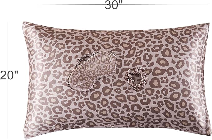 Satin Pillowcase for Hair and Skin, Soft and Cooling Vegan Silk Sleep Set-2 Satin Pillow Cases Queen Size, 1 Eye Mask, 1 Scrunchie, Self Care Essential Night Routine Kit, Pink Leopard