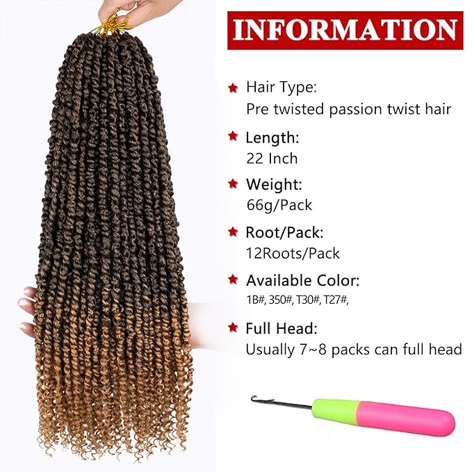 Xtrend 8packs 22inch Pre-twisted Passion Twist Hair Natural Black Pre-looped Passion Twists Crochet Braids Synthetic Hair Extensions Crochet Hair For Women (8packs, T27#)