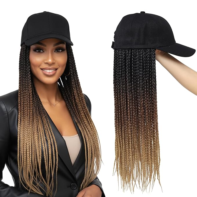 Hat Wig for Women Baseball Cap with Braided Hair Attached Synthetic Knotless Box Braid Wig Hat Adjustable Cap with 18in long ombre black brown light brown Braids for Daily Outdoor Use