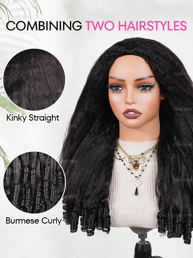 Curlyme Kinky Straight Wig Human Hair Glueless Install 3 In 1 Drawstring Half Wig With Spiral Curly Full Ends Flip Over Wig For Beginner Ponytail Headband Wig Human Hair 20 Inch