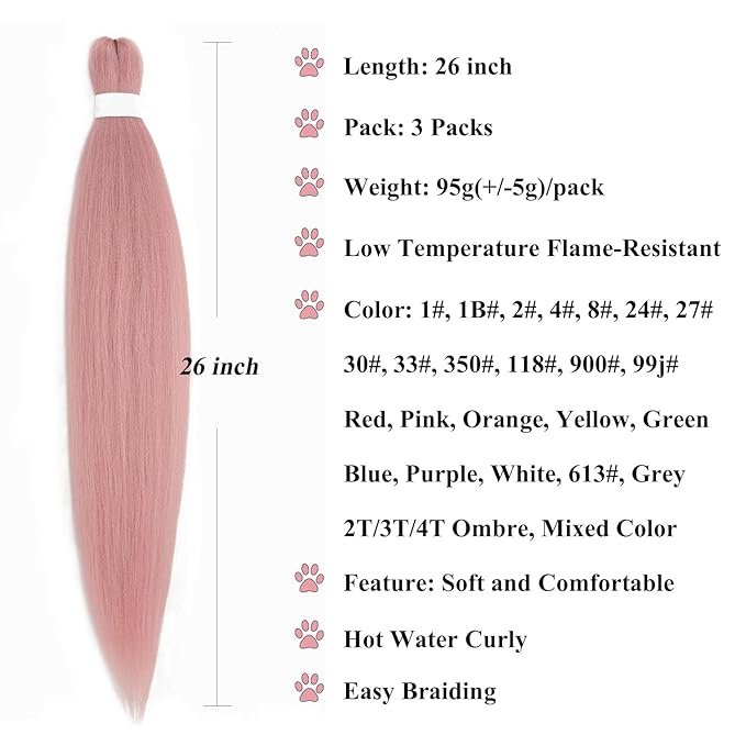 Pre Stretched Braiding Hair Kanekalo Rose Gold Pink Braiding Hair Pre Stretched Colored Hair Extensions for Braiding Box Braids Crochet Hair Knotless Prestretched Braiding Hair 26 inch
