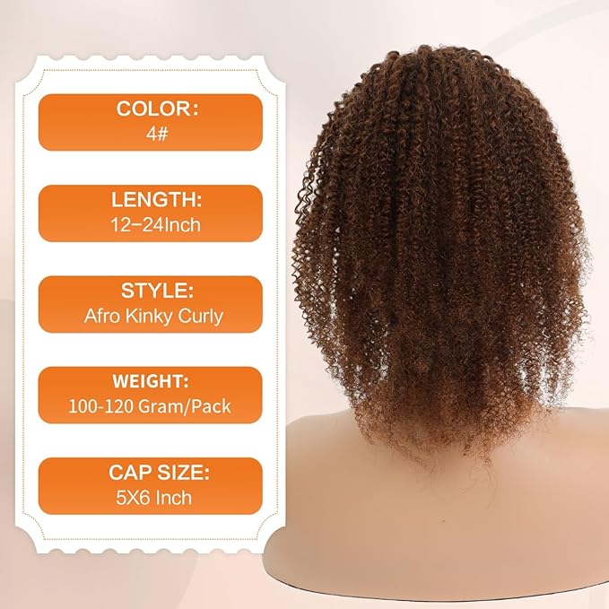 Afro Kinky Curly Ponytail Human Hair 150% Density Brazilian Virgin Hair 4C Afro Puff Drawstring Ponytail Extension for Black Women Dark Brown Color （14 Inch 4#）