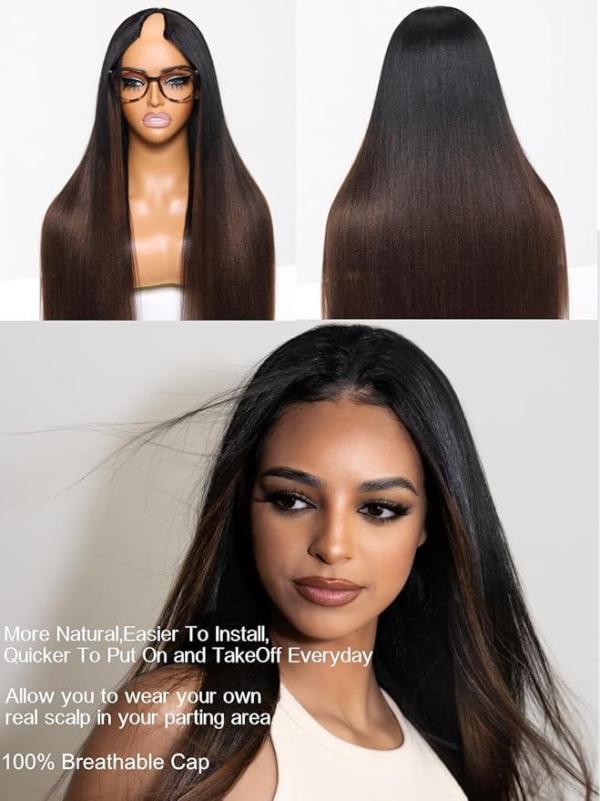 Julia Hair V Part Yaki Glueless Human Hair Wig Seamless Edge Clip in Half Wig Vpart Wigs No Sew in No Glue Ombre Chestnut Brown Upgrade U Part No Leave Out Beginner Friendly 16 Inch