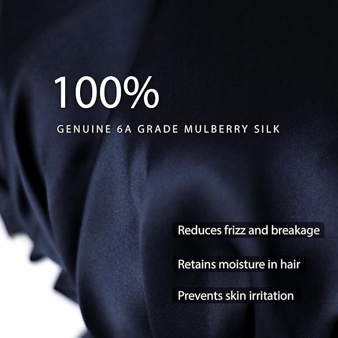 100% Silk Bonnet for Sleeping, Large Silk Sleep Cap with Tie Band for Curly Hair, Navy 19 Momme