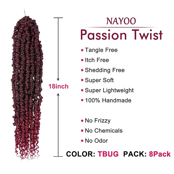 Passion Twist Hair - 8 Packs 18 Inch Passion Twist Crochet Hair For Women, Crochet Pretwisted Curly Hair Passion Twists Synthetic Braiding Hair Extensions (18 Inch 8 Packs, TBUG)