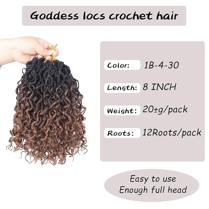 Goddess Locs Crochet Hair,8 Inch 9 Packs Faux Locs Synthetic Crochet Hair for Black Women, Boho Style Pre looped crochet with Curly Ends