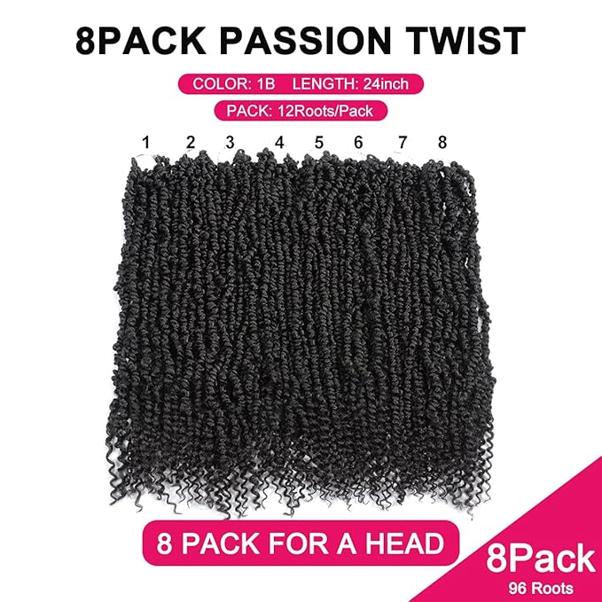 Passion Twist Hair - 8 Packs 24 Inch Passion Twist Crochet Hair For Black Women, Crochet Pretwisted Curly Hair Passion Twists Synthetic Braiding Hair Extensions(24 Inch 8 Packs, 1B)
