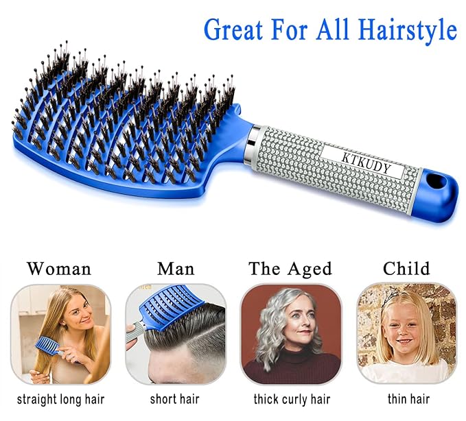 KTKUDY Detangling Brush Boar Bristles Hairbrush Make Hair Shiny & Healthier Curved and Vented Detangler Brush for Women Men Kids Wet and Dry Hair (Blue)