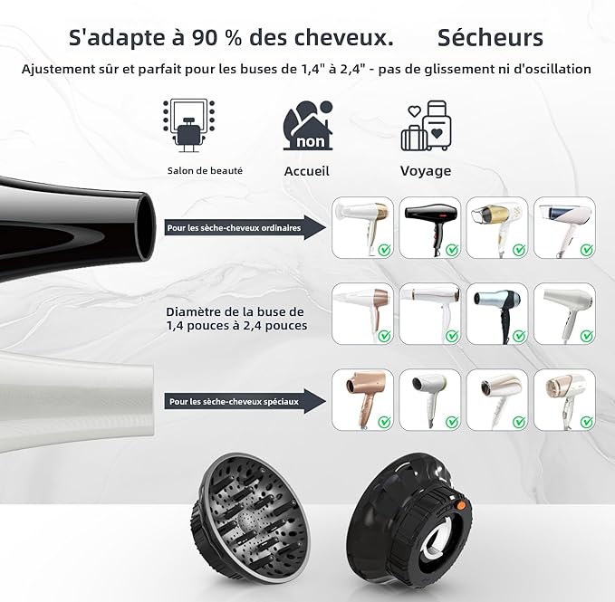 Universal Hair Diffuser for Blow Dryer - Fits All 1.4-2.4 inch Dryers, Professional Ionic Diffuser Attachment for Curly/Wavy Hair, Reduces Frizz & Enhance Curls, Lightweight, Travel-Friendly (Black)