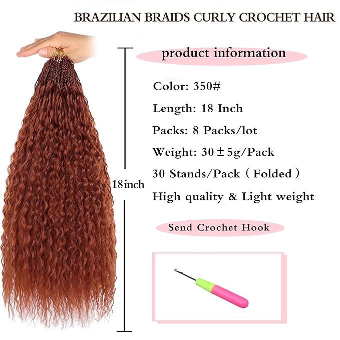 Xtrend 8 Packs Ginger Brazilian Braid Kinky Curly Crochet Hair 18 Inch Pre Looped Micro Curly Crochet Hair Extensions Water Wave Synthetic Deep Wave Crochet Hair For Black Women(30Strands/Pack，350#)