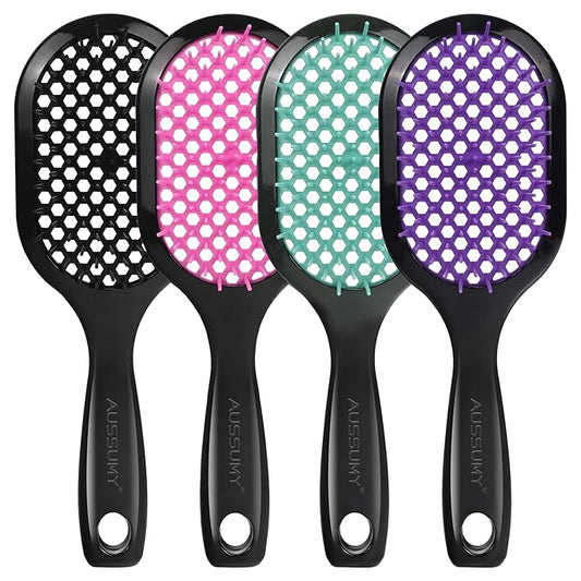 4 Pack Vented Detangling Hair Brush - Detangler Hairbrush with Soft Bristles for Effortless Tangle Free - Ideal for Wet Dry or Curly Damaged Hair for Women Men Kids