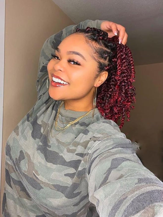 ZRQ Short 8 Packs Pre-twisted Bob Passion Twist Crochet Hair with Curly Ends 12 Inch Pre looped Ombre Burgundy Passion Twists Hair 12 Roots/Pack Synthetic Crochet Braids Hair for Women TBUG#