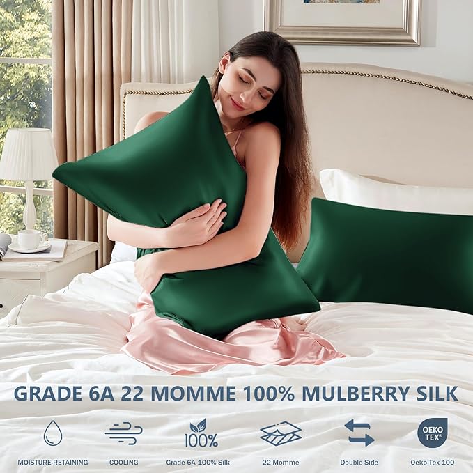 Silk Pillow Cases Queen Size 100% Mulberry Silk Pillowcase for Hair and Skin 22 Momme Both Side Grade 6A Silk Cooling Soft Breathable 20 x 30 Inches with Hidden Zipper 1PC, Green