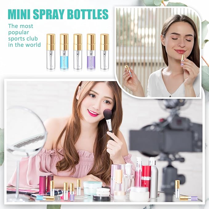 Zhehao 100 Pcs Mini Spray Bottles 3 ml Clear Glass Perfume Bottles Refillable Fine Mist Perfume Atomizer Portable Empty Sample Containers for Cleaning, Essential Oils, Travel (Gold Cap)
