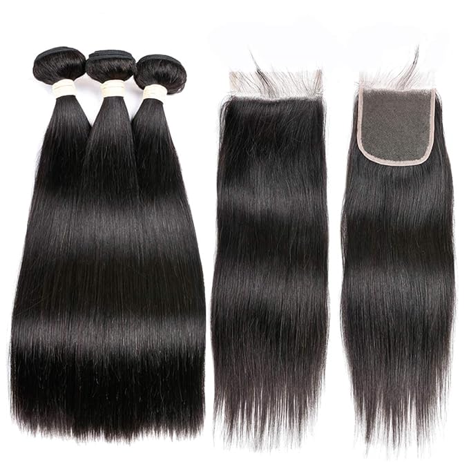 Straight Hair Bundles with Closure(26 26 26+20 Closure)100% Brazilian Straight Virgin Hair 3 Bundles with Lace Closure Free Part Human Hair Extensions Natural Black Color