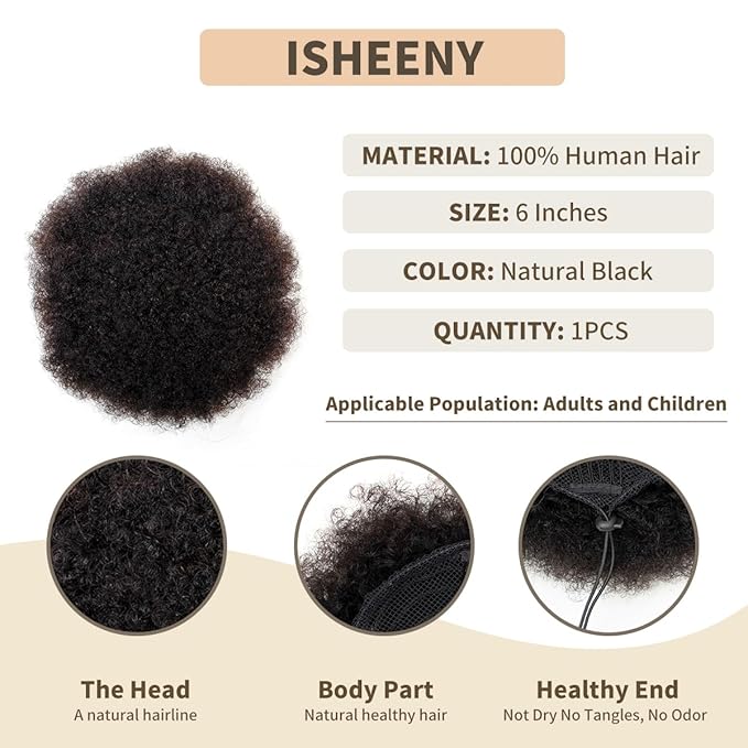 isheeny Natural Black Hairpieces 6inch Ponytail Extension Human Hair 1 PIECES Stunning Medium Afro Puff Ponytail For Preschool Girls, Naturally Curled For A Youthful & Charming Appeal