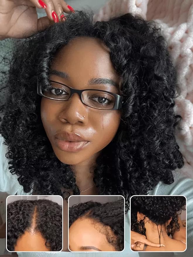Julia Hair V Part Wig Human Hair Curly Wig with Finger Coil Ends Glueless V Shape Wig Afro Curly Wigs with Drawstring Upgrade U Part No Leave Out Half Wig For Women Natural Scalp 20 Inch