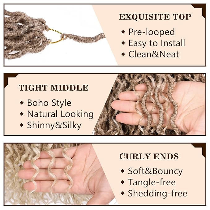 COOKOO 12 Inch 8 Packs Pre Looped Goddess Locs Crochet Hair Mix Blonde River Locs Crochet Hair Bohemian Faux Locs Crochet Braiding Hair for Kids Synthetic Goddess Crochet Braids Hair Extention 27/613#