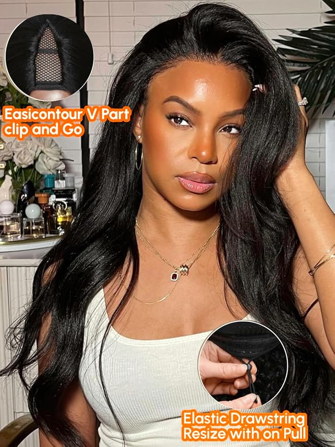 Julia Hair V Part Wig Human Hair Yaki Straight Glueless Wigs for Women 12A Briazilian Remy Hair Upgrade U Part Wig No Glue No Leave Out Beginner Friendly Natural Color 18 Inch Yaki Wig