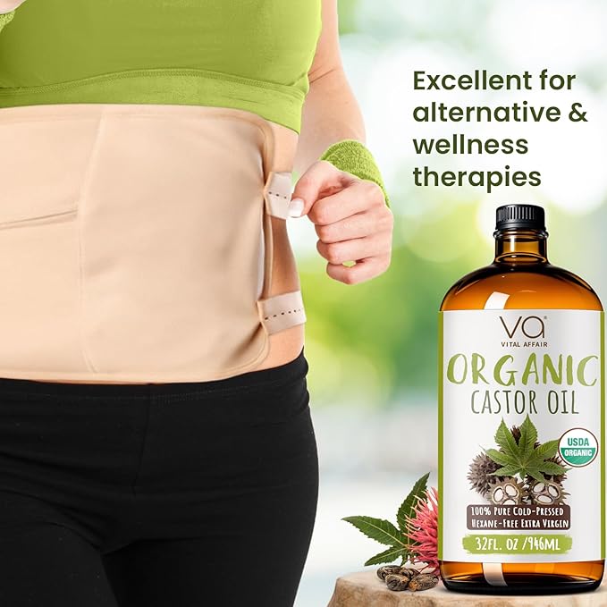 VITAL AFFAIR Pure Organic Castor Oil 32oz – Cold Pressed, Unrefined, USDA Organic – Glass Bottle for Hair Growth, Eyelashes, Eyebrows, Face & Castor Oil Packs