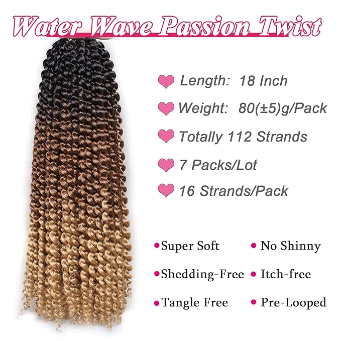 Leeven 18 Inch 3 Tones Water Wave Crochet Braids Hair for Butterfly Locs Passion Twist Crochet Hair Ombre Brown Passion Twists Braiding Hair 7 Packs Bohemian Braids Hair for Women 53#