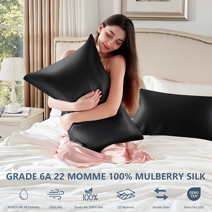 Silk Pillow Cases 2 Pack King Size Mulberry Silk Pillowcase Set of 2 for Hair & Skin 36 x 20 Inches 22 Momme Both Sided Grade 6A Silk Soft Breathable Cooling with Hidden Zipper, Black