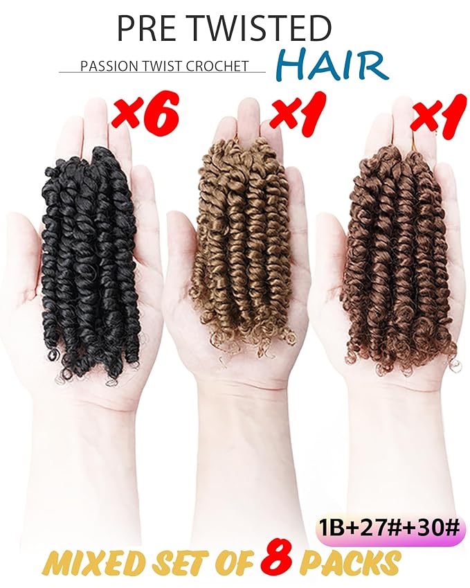 Passion Twist Crochet Hair- Mixed Colors Combo Pack,4 Inch 8 Packs Pre Looped Pretwisted Super Short Crochet Hair Extensions Braided by Synthetic Spring Kinky Twist Bohemian Curls(1B+27#+30#)