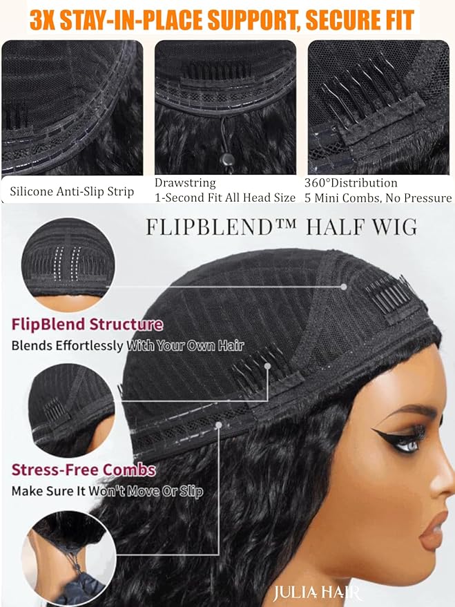 Julia Hair Glueless Half Drawstring Wig Human Hair Water Wave Blend Secure Wear and Go 12A Clip in Half Wig Wear with or Without Headband Wigs Human Hair for Women Beginner Friendly 26 Inch