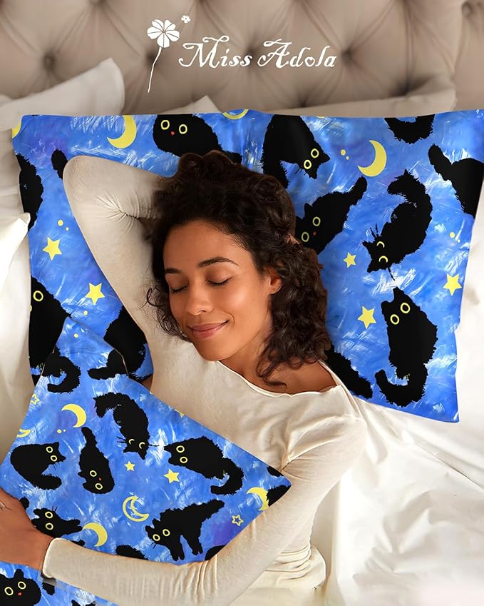 Silk Pillowcase 2 Pack - Cute Pillow Cases 20" x 26" Standard Size Set of 2 for Hair and Skin Smooth Soft Breathable with Hidden Zipper Cooling Pillow Covers for Sleeping, Blue Moon Cat