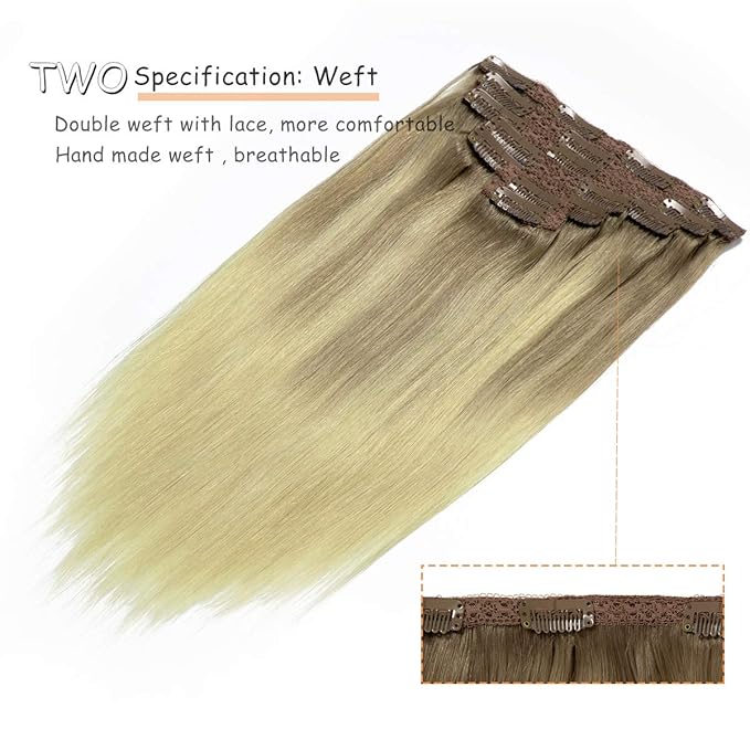 Caliee Clip in Hair Extensions Real Human Hair 22 Inch 140G B8/60A Light Brown Fading to Platinum Blonde Ombre Clip in Hair Extensions Human Hair Double Weft with 16 Clips for Full Head