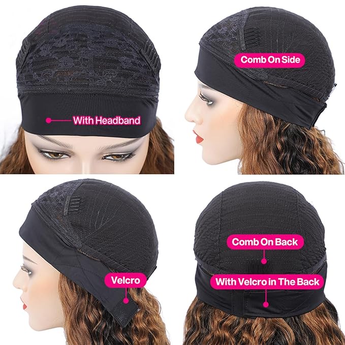 Ombre Curly Headband Wig Human Hair 4/27 Highlight Deep Wave Headband Wigs for Black Women Human Hair 16 Inch Glueless Water Wave Headband Human Hair Wigs