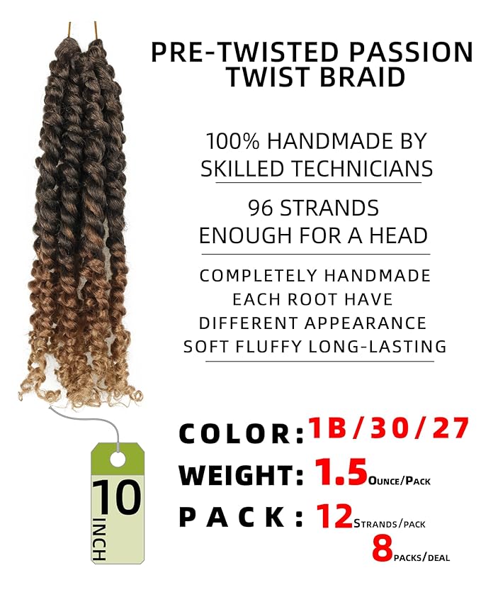 10 Inches 8 Packs Short Passion Twist Crochet Hair for Black Women and Kids-3 Tones Ombre Black to Brown Blonde, Pre Looped Pretwisted Crochet Hair Extension(10"-8 Packs,T1B/30/27)