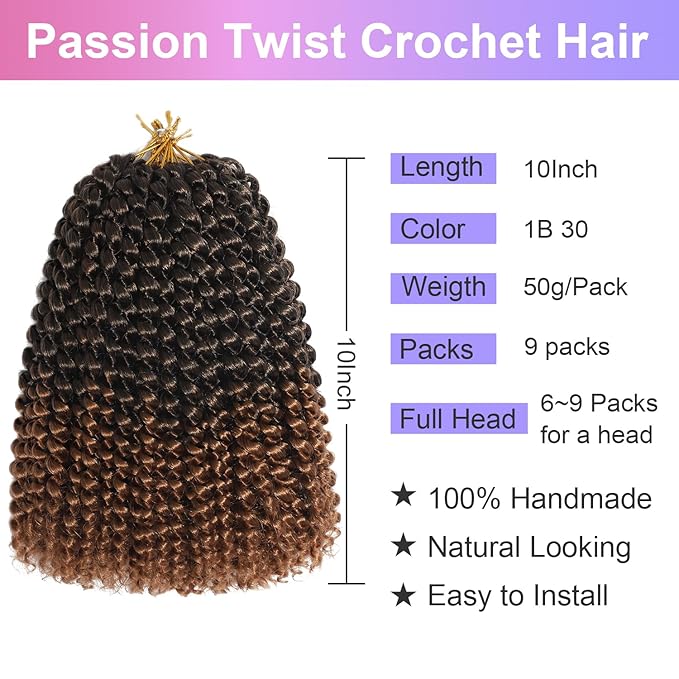8 Inch Passion Twist Crochet Hair for Women 9 Packs 1b30 Color Water Wave Short Twist Crochet Hair Curly Pre-looped Braiding Hair Extensions For Butterfly Locs Braids