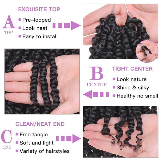 ZRQ Short 8 Packs Pre-twisted Bob Passion Twist Crochet Hair with Curly Ends 12 Inch Pre looped Black Passion Twists Hair 12 Roots/Pack Synthetic Bohemian Crochet Braids Hair for Black Women 1B#