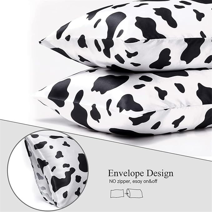 Satin Pillowcase for Hair and Skin Cow Print Pillow Cases Queen 2 Pack, Soft Cooling Silk Satin Pillowcase Set of 2 Silky Pillow Cover with Envelope Closure (20x30 inches, Cow)