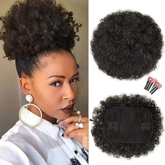 rosmile Afro Puff Drawstring Ponytail Extension for Black Women, Premium Dark Brown 2# 80gram Short Synthetic Afro Puff Ponytail for Natural Hair, Clip On Kinky Drawstring Curly Ponytail Bun
