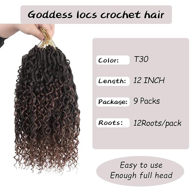 Goddess Locs Crochet Hair,12 Inch 9 Packs Synthetic Faux Locs Crochet Hair for Black Women,River Locs Hair Extensions Boho Style Pre looped Faux Locs with Curly Ends
