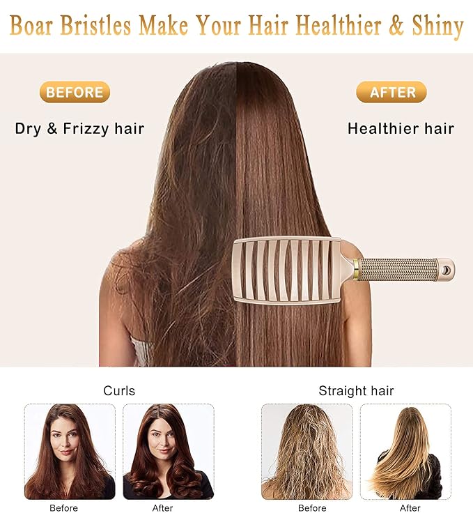 KTKUDY Detangling Brush Getting Knots Out without Pain - Boar Bristles Hairbrush Make Hair Shiny & Healthier Vented Detangler Brush for Women Men Kids Wet and Dry Hair (Gold)
