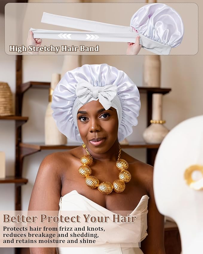 Reversible Satin Bonnet for Sleeping Women Double Layer Hair Bonnet with 2PCS Hair Scrunchies Elastic Tie Band Night Cap