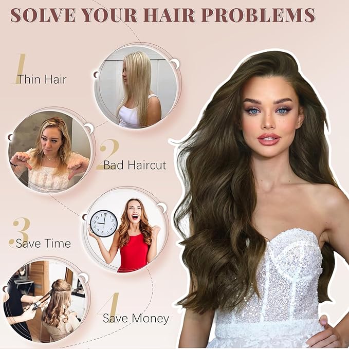 ALXNAN Clip in Long Wavy Synthetic Hair Extension 24 Inch Light Chestnut Brown 4PCS Thick Hairpieces Fiber Double Weft Hair for Women