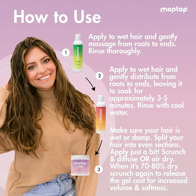 MopTop Gentle Shampoo + Light Conditioner + Curly Hair Gel for Curly, Wavy, and Coily Hair, Color Safe, Moisturizing Womens Hair Care