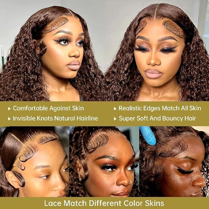 Full Deep Wave Lace Front Wigs Human Hair Chocolate Brown 220% Density 13x6 HD Lace Front Wigs Human Hair Pre Plucked Deep Curly Lace Frontal Wigs for Women Brazilian Virgin Hair 24inch