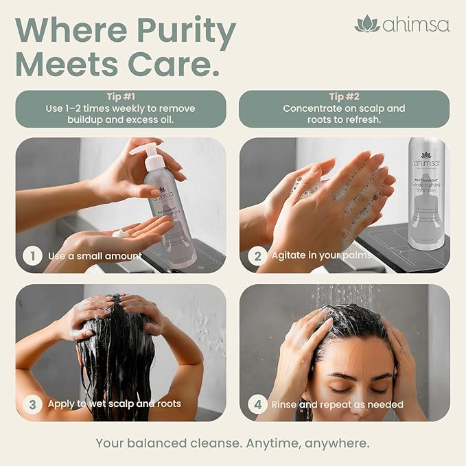 Ahimsa Gentle Purifying Shampoo Oily Hair Cleanser for Build Up, Daily Clarifying Shampoo with Indian Gooseberry & Willow Bark Extract, Scalp Cleanser for Build Up Removal of Grease and Impurities